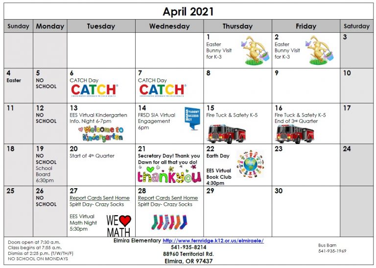 April Communication Calendar – Elmira Elementary School